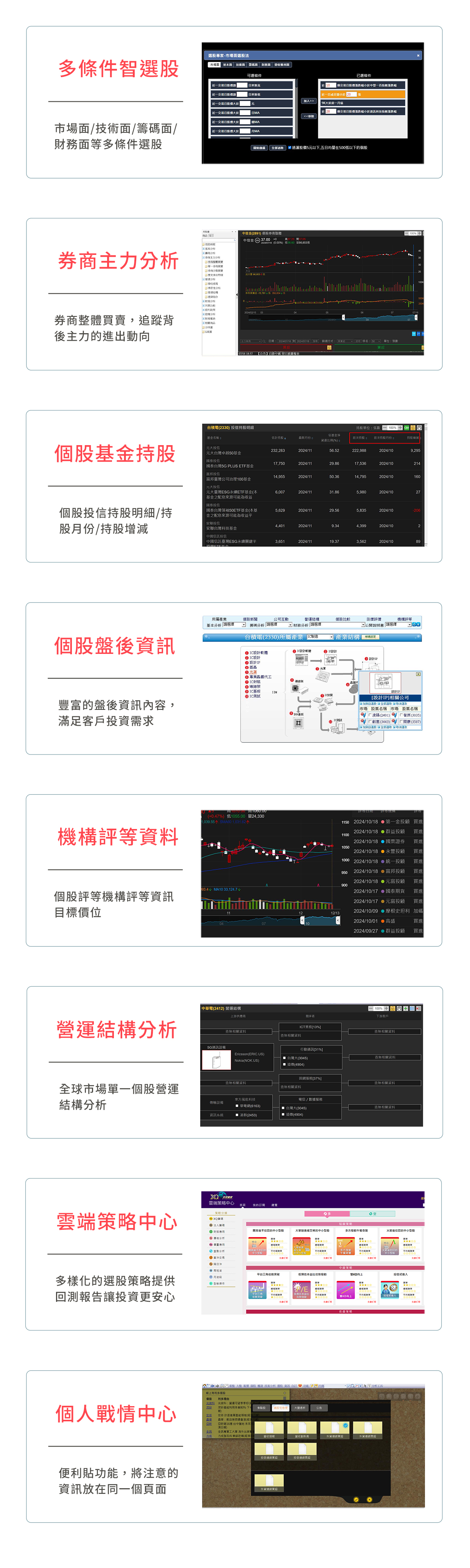 新光證券 富貴角XQ 系統特色：多條件智選股、個股基金持股、券商主力分析、個股盤後資訊、機構評等資料、營運結構分析、雲端策略中心、個人戰情中心
