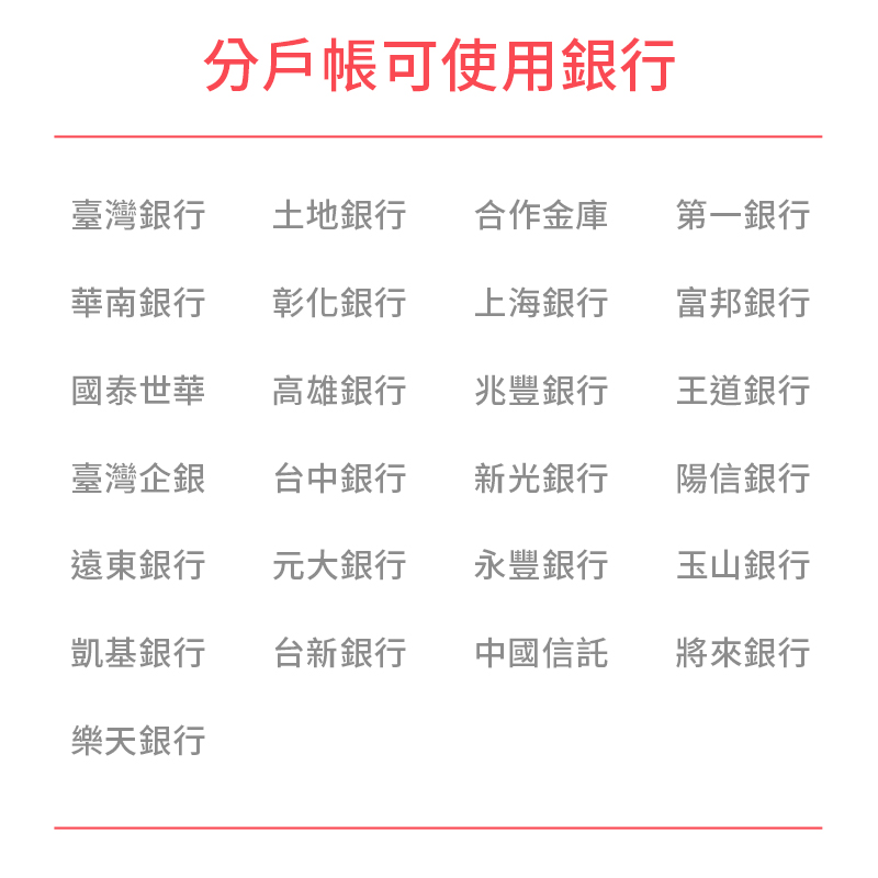 分戶帳可使用銀行：臺灣銀行、土地銀行、合作金庫、第一銀行、華南銀行、彰化銀行、上海銀行、台北富邦銀行、國泰世華銀行、高雄銀行、兆豐銀行、王道銀行、臺灣中小企業銀行、 台中銀行、 新光銀行、陽信銀行、遠東銀行、元大銀行、永豐銀行、玉山銀行、凱基銀行、台新銀行、中國信託銀行、將來銀行、樂天銀行